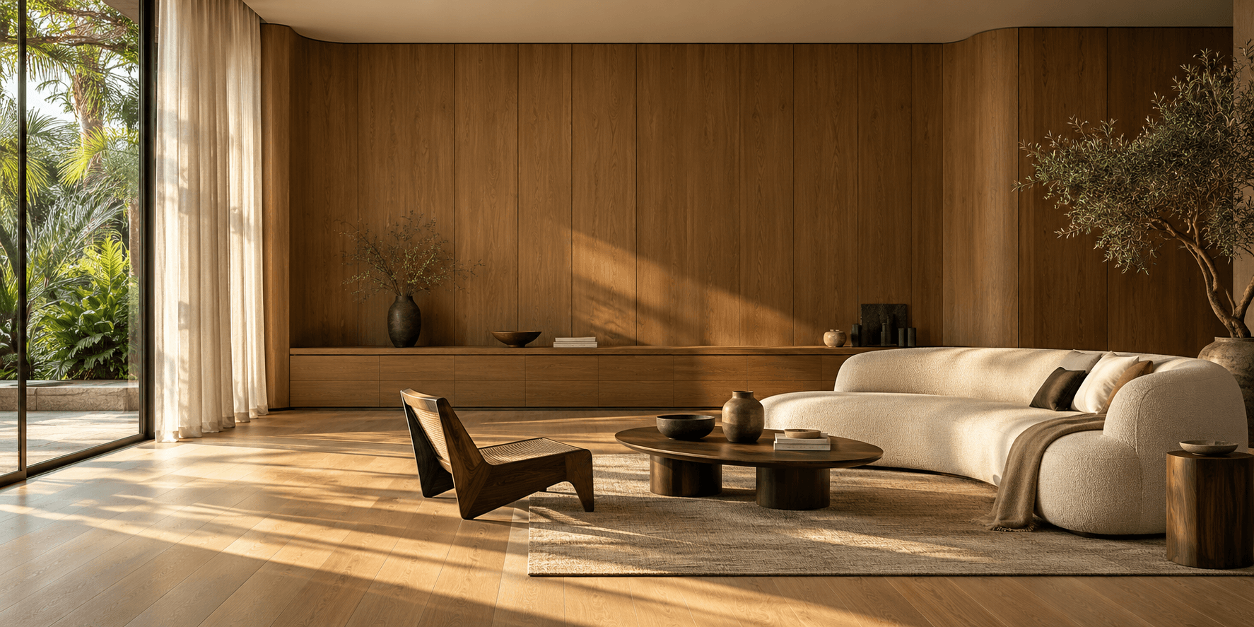 A sunlit living room with warm oak wall panels, sculptural furniture, and natural wood flooring