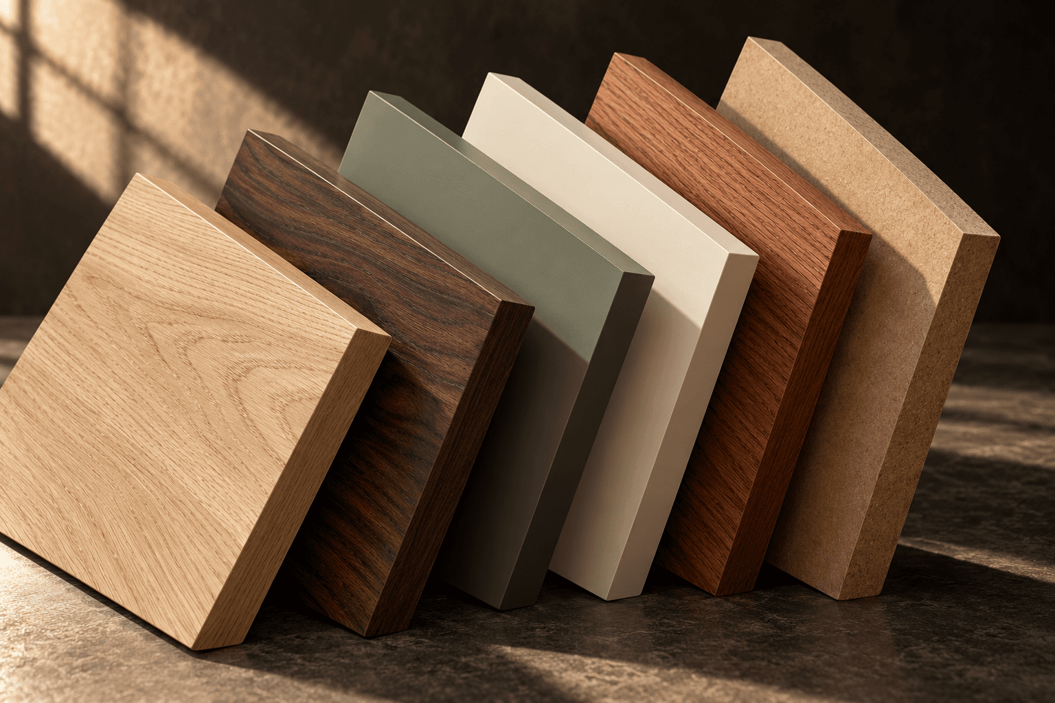 Wood and matte finish samples from a decorative panel palette