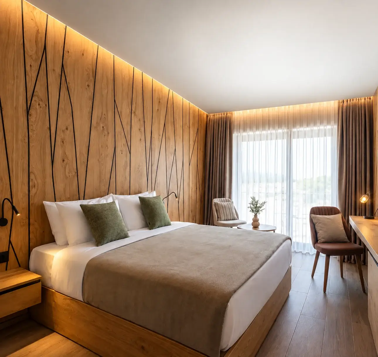 Warm wood-look Action TESA prelam boards in a bedroom interior