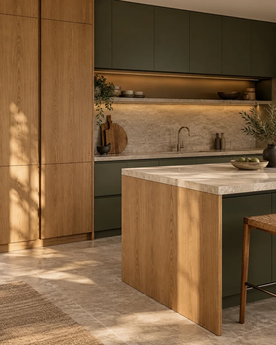 Warm oak and olive cabinetry in a considered modern kitchen