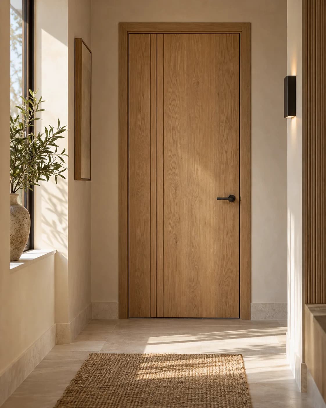 Oak interior door in a bright, understated hallway