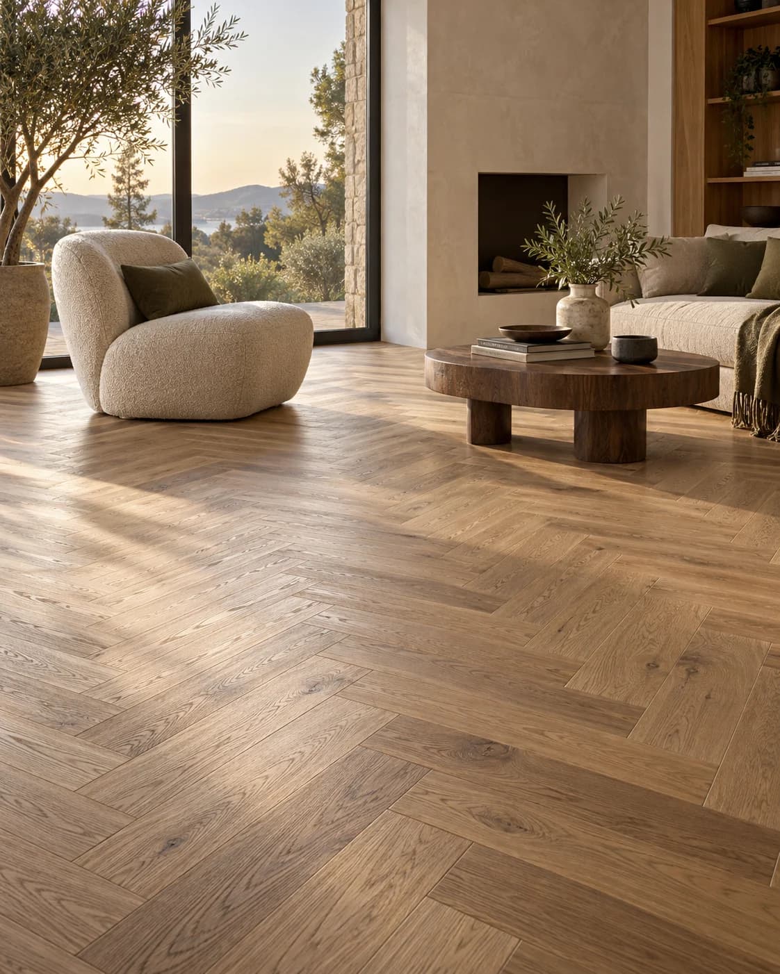 Oak herringbone flooring in a softly lit living room