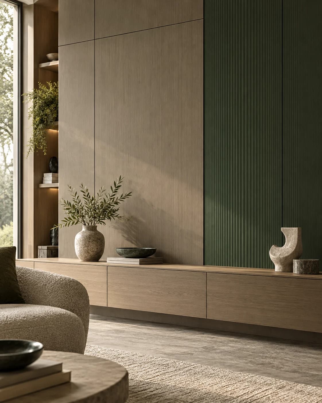 Textured decorative wall panels in a calm, contemporary living room