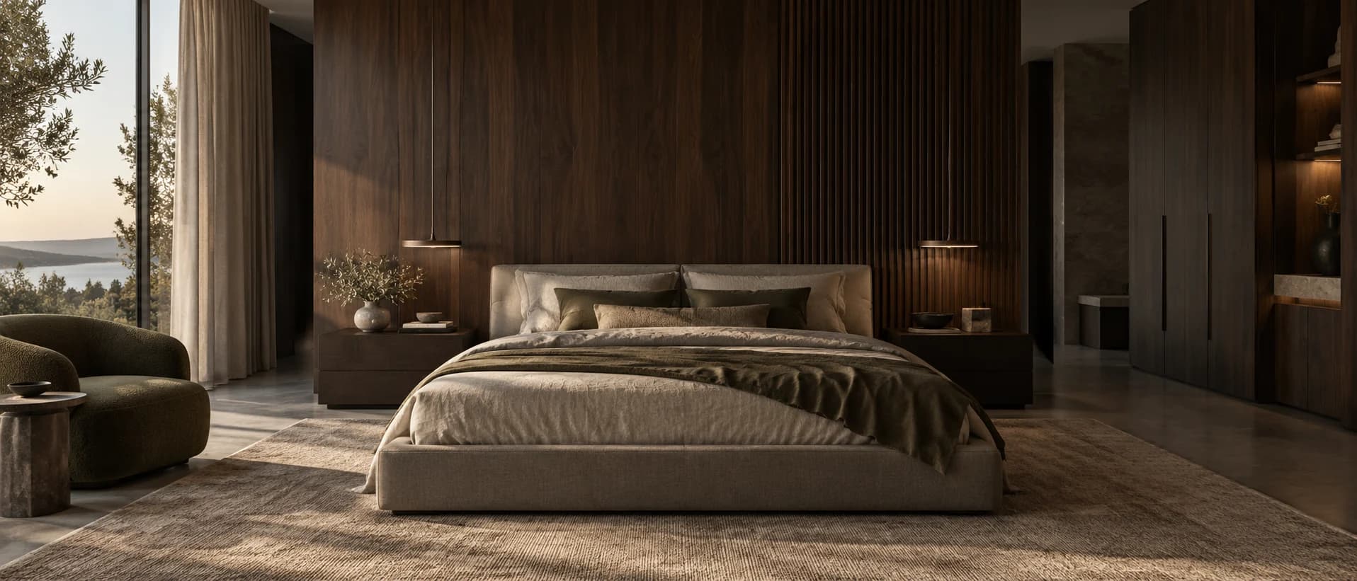 Concept interior: a bedroom with a deep walnut panelled wall and built-in storage